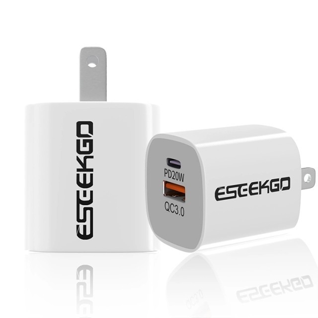 ESEEKGO ES-38EUL SET PD20W+QC3.0 Fast Wall Charger With 3.3FT USB C To 8PIN Cable（2 Ports / EU）