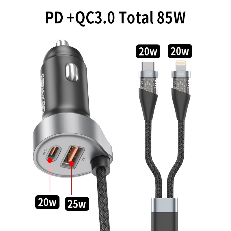 ESEEKGO PD-C22 1A1C QC3.0 36W+PD65W with 1 trailer 2 cables (C+L) Car Charger