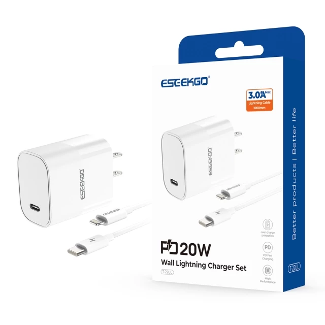 ESEEKGO T-22UC Fireproof PC Travel Adapter With 3.3FT Type-C To Type-C Fast Charging Cable（20W / US）