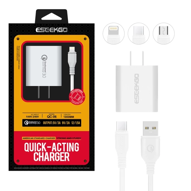 ESEEKGO QC-06 SET QC3.0 18W USB Travel Adapter With 3.3FT Micro / 8 pin / Type-C Charging Cable（18W / US）