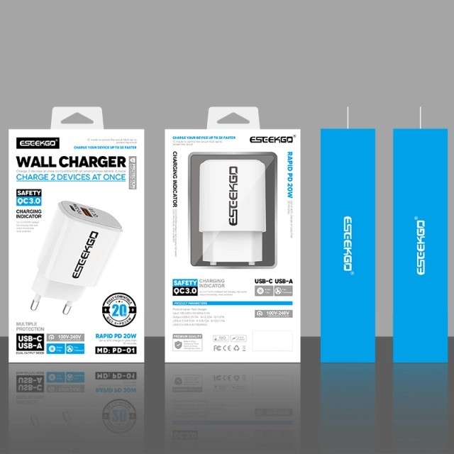 ESEEKGO ES38-EW PD20W+QC3.0 Fast Wall Charger（2 Ports / EU）